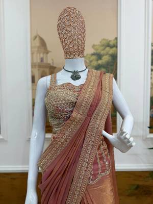 dark peach embroidery lace border work satin ready to wear saree 2