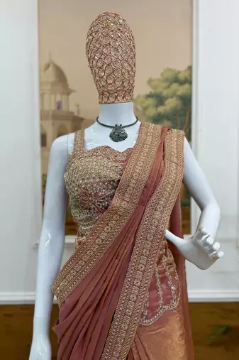 Dark Peach Color Embroidery Lace Border Work Satin Ready To Wear Saree