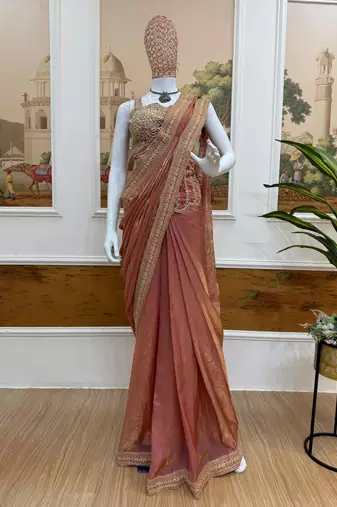 Dark Peach Color Embroidery Lace Border Work Satin Ready To Wear Saree