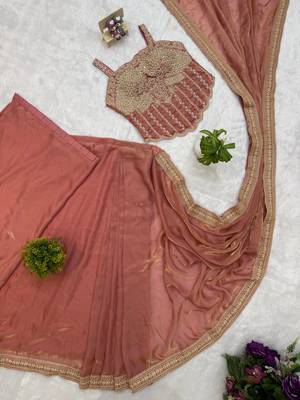 dark peach embroidery lace border work satin ready to wear saree 4