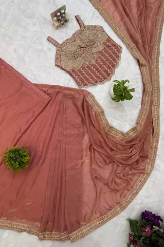 Dark Peach Color Embroidery Lace Border Work Satin Ready To Wear Saree