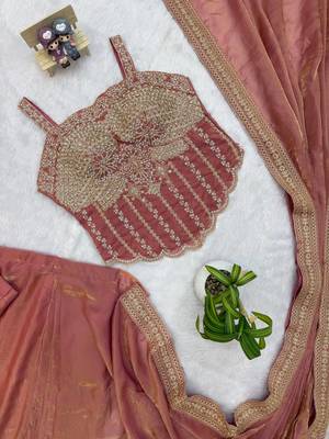 dark peach embroidery lace border work satin ready to wear saree 5