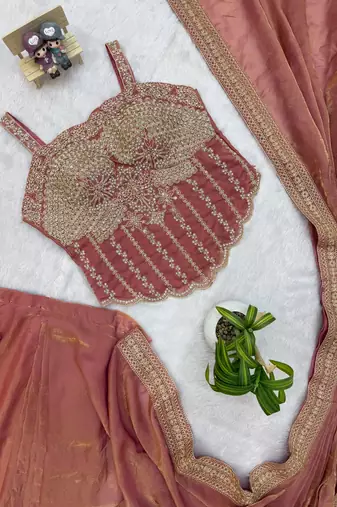 Dark Peach Color Embroidery Lace Border Work Satin Ready To Wear Saree