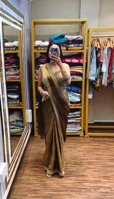 olive embroidery lace border work satin pre draped saree 1