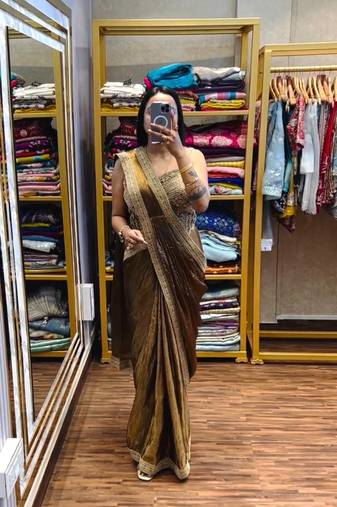 Olive Color Embroidery Lace Border Work Satin Ready To Wear Saree