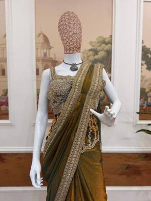 olive embroidery lace border work satin pre draped saree 2