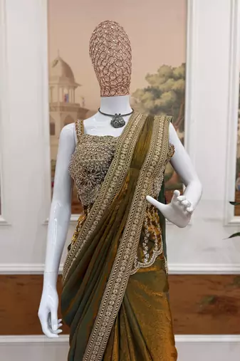 Olive Color Embroidery Lace Border Work Satin Ready To Wear Saree