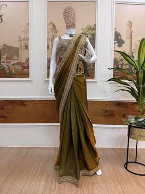 olive embroidery lace border work satin pre draped saree 3