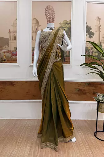 Olive Color Embroidery Lace Border Work Satin Ready To Wear Saree