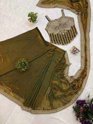 olive embroidery lace border work satin pre draped saree 4