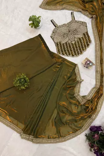 Olive Color Embroidery Lace Border Work Satin Ready To Wear Saree