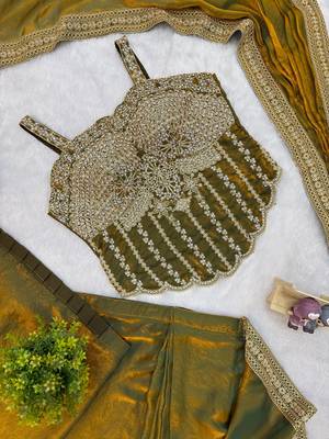 olive embroidery lace border work satin pre draped saree 5