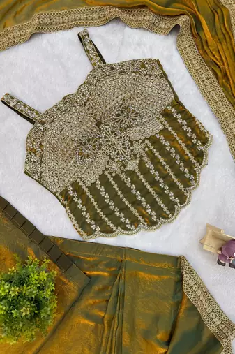 Olive Color Embroidery Lace Border Work Satin Ready To Wear Saree