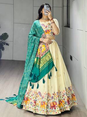 Rama Color Semi Beads Embroidery Work Crush Vichitra Lehenga With Unstitched Blouse 1