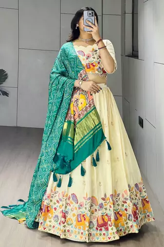 Rama Color Semi Beads Embroidery Work Crush Vichitra Lehenga With Unstitched Blouse