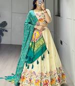 Rama Color Semi Beads Embroidery Work Crush Vichitra Lehenga With Unstitched Blouse