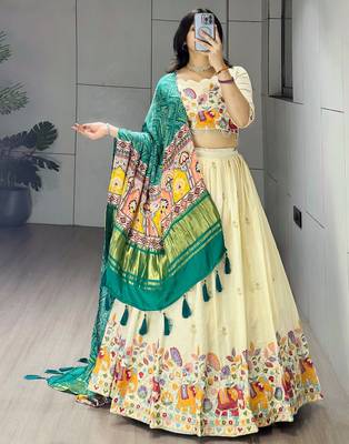 Rama Color Semi Beads Embroidery Work Crush Vichitra Lehenga With Unstitched Blouse 2