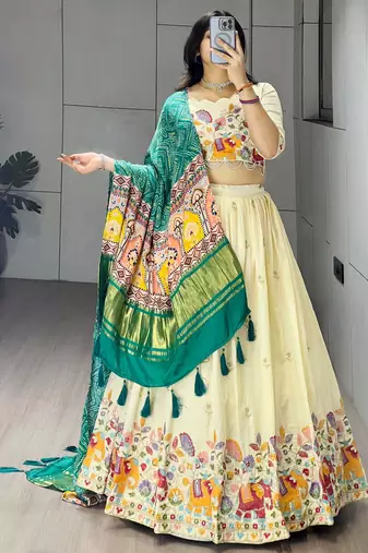 Rama Color Semi Beads Embroidery Work Crush Vichitra Lehenga With Unstitched Blouse
