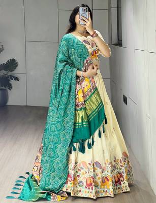 Rama Color Semi Beads Embroidery Work Crush Vichitra Lehenga With Unstitched Blouse 3