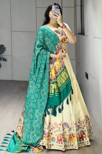 Rama Color Semi Beads Embroidery Work Crush Vichitra Lehenga With Unstitched Blouse