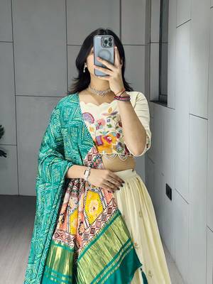 Rama Color Semi Beads Embroidery Work Crush Vichitra Lehenga With Unstitched Blouse 4
