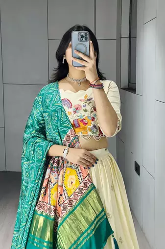Rama Color Semi Beads Embroidery Work Crush Vichitra Lehenga With Unstitched Blouse