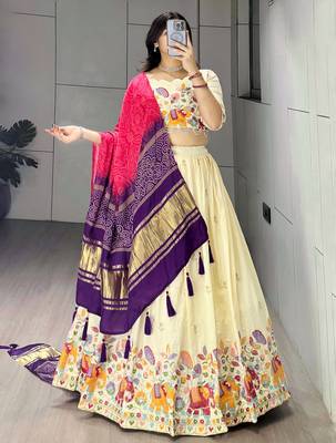 Pink Color Semi Beads Embroidery Work Crush Vichitra Lehenga With Unstitched Blouse 2