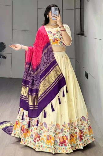 Pink Color Semi Beads Embroidery Work Crush Vichitra Lehenga With Unstitched Blouse