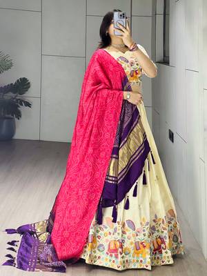 Pink Color Semi Beads Embroidery Work Crush Vichitra Lehenga With Unstitched Blouse 3