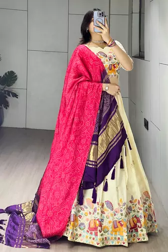 Pink Color Semi Beads Embroidery Work Crush Vichitra Lehenga With Unstitched Blouse