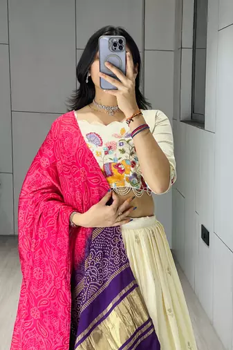 Pink Color Semi Beads Embroidery Work Crush Vichitra Lehenga With Unstitched Blouse