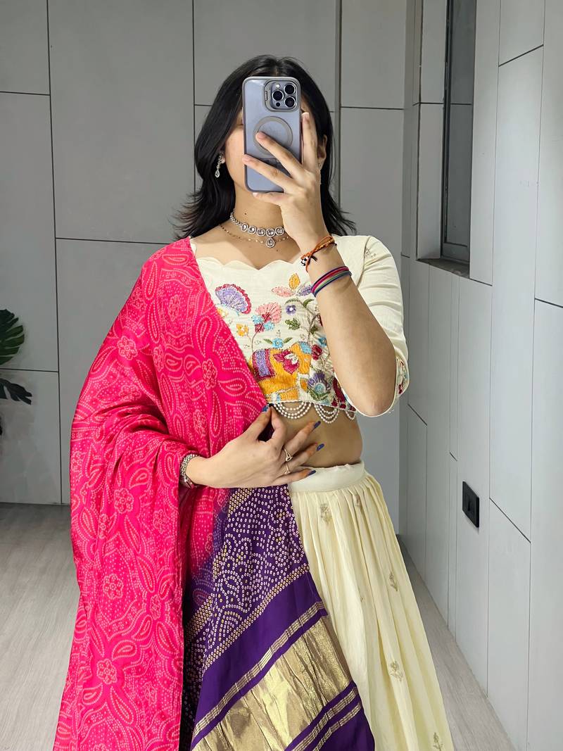 Pink Color Semi Beads Embroidery Work Crush Vichitra Lehenga With Unstitched Blouse