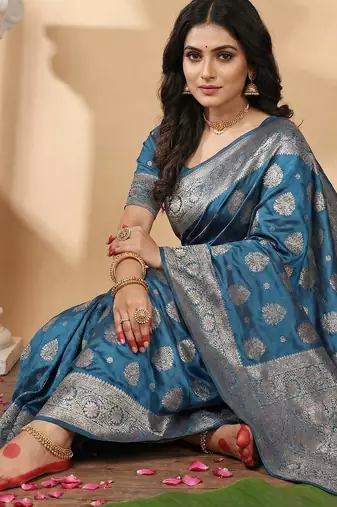 Teal blue silk blend ethnic partywear ceremonial saree