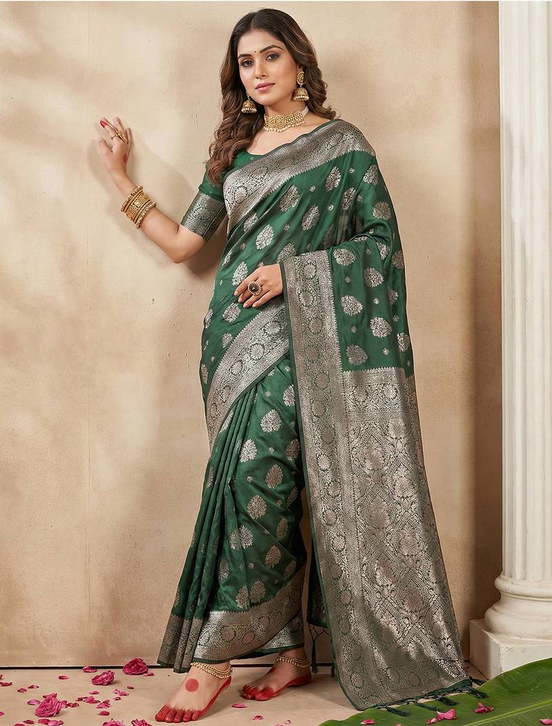 Dark green color silk blended ethnic partywear ceremonial saree