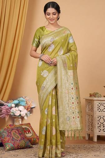 Mustrad color linen cotton fabric woven designer partywear saree