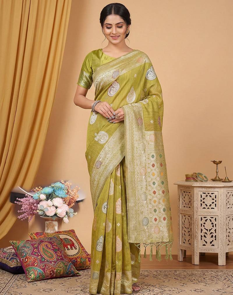 Mustrad color linen cotton fabric woven designer partywear saree