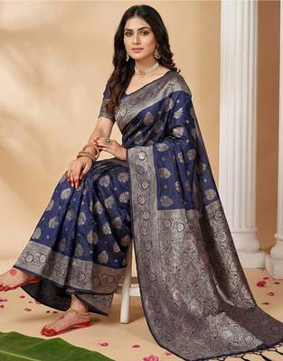 Navy blue silk blend ethnic partywear ceremonial saree 3
