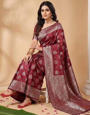Maroon silk blend ethnic partywear ceremonial saree 3