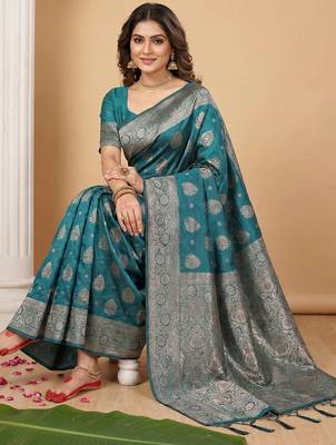 Sea green silk blend ethnic partywear ceremonial saree 3