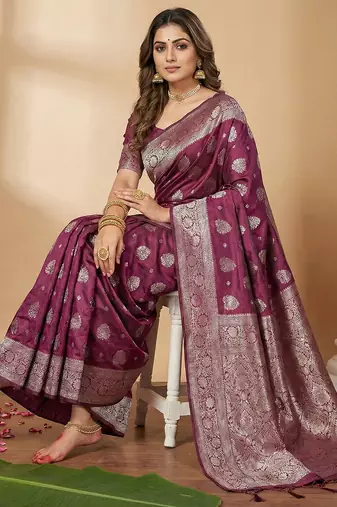 Purple silk blend ethnic partywear ceremonial saree