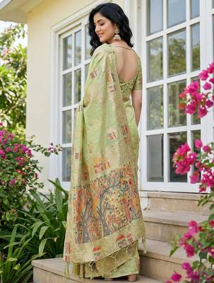 Pista linen cotton woven ethnic partywear saree 2