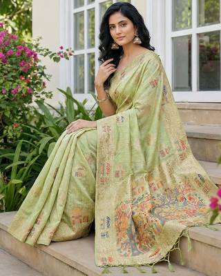 Pista linen cotton woven ethnic partywear saree 3