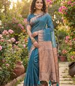 Blue beautiful linen cotton fabric woven designer partywear saree