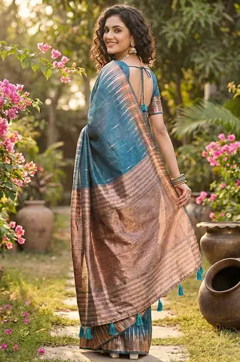Blue linen cotton woven partywear saree