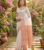 White beautiful linen cotton fabric woven designer partywear saree