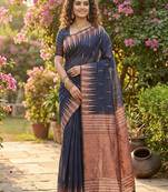 Navy blue beautiful linen cotton fabric woven designer partywear saree