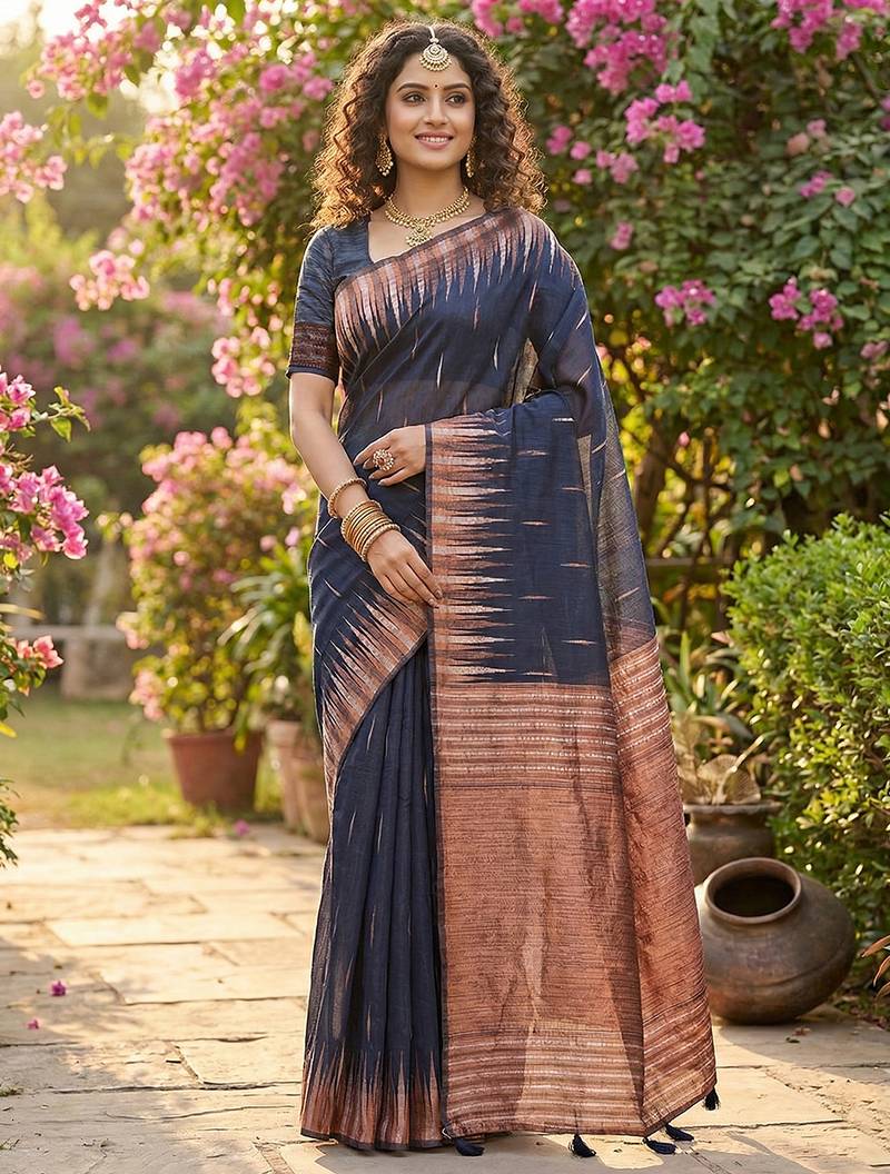 Navy blue color beautiful linen cotton fabric woven designer partywear saree