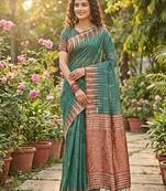 Green beautiful linen cotton fabric woven designer partywear saree
