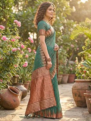 Green linen cotton woven partywear saree 3