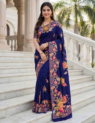 Royal blue russian silk blend floral position printed work saree 1
